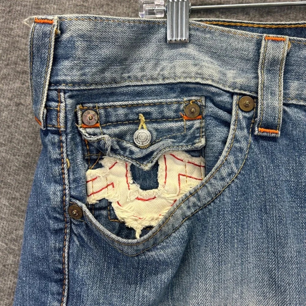 True Religion Straight Mens Jeans 38 Medium Wash Frayed Horseshoe Logo USA